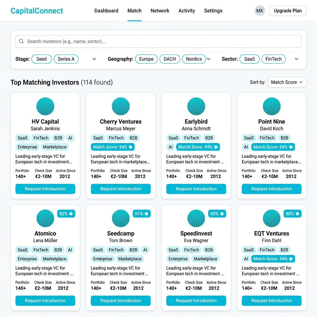 VC Matcher — search results with firm cards